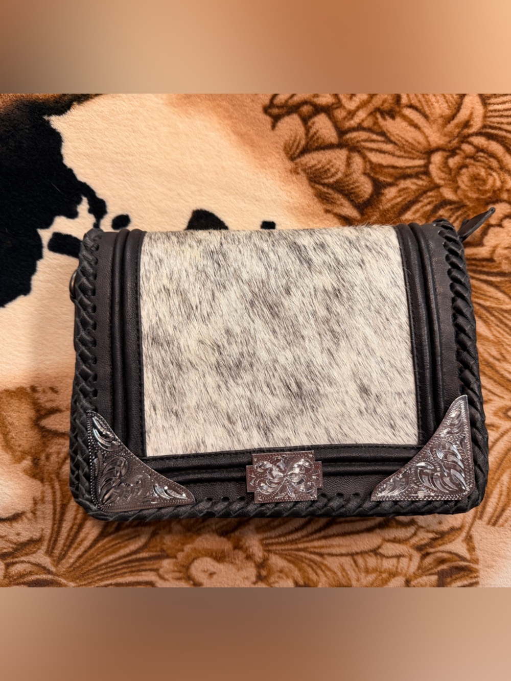 Western Hair-on Cowhide Zip Crossbody with Silver Metal Corners